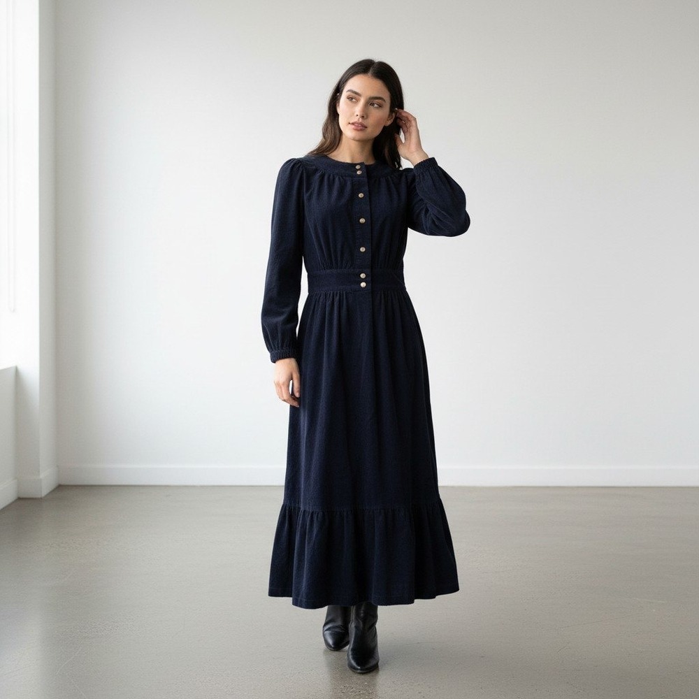 Xirena Navy Blue Cotton Corduroy Button Front Tiered Maxi Dress‎ Womens Sz Small